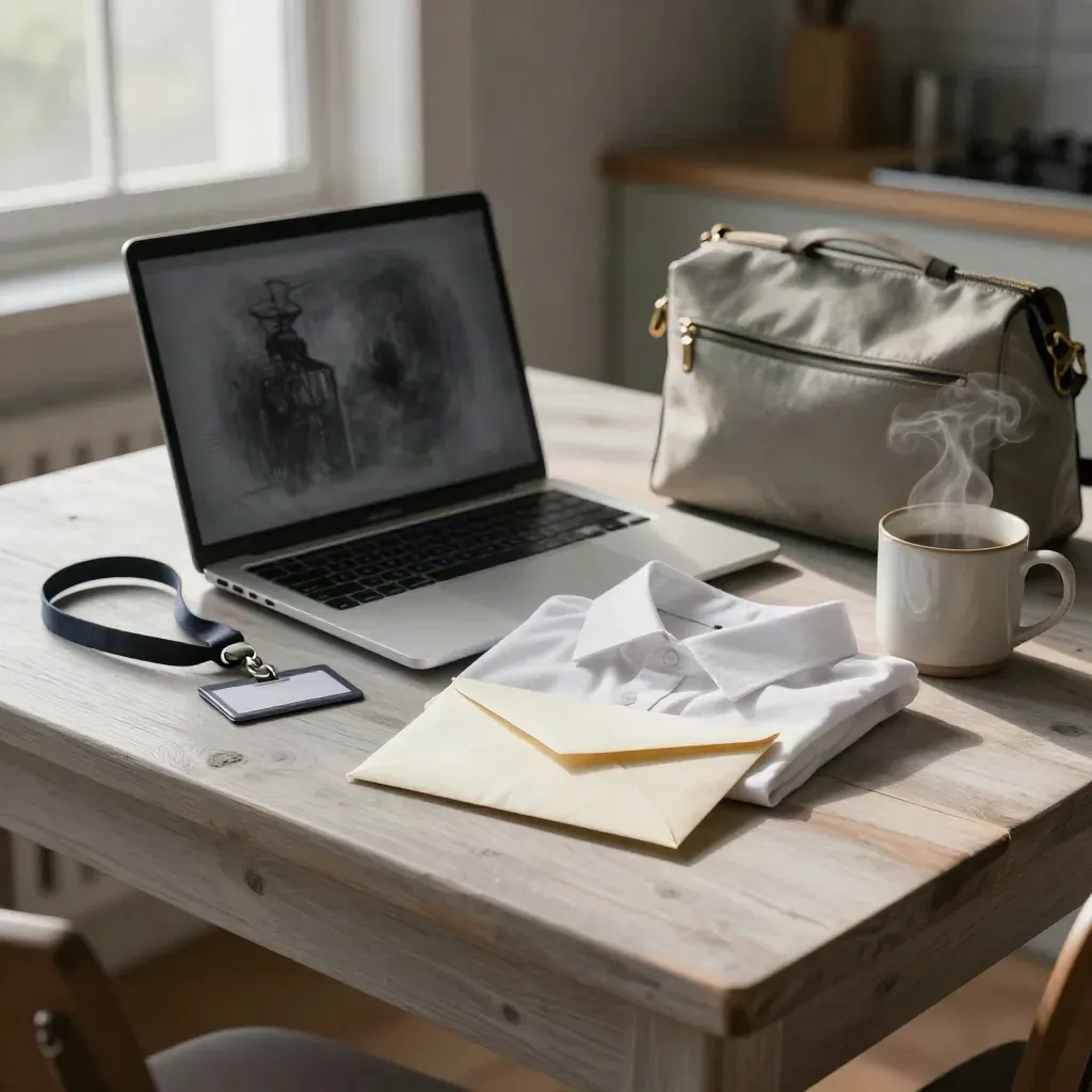 Gesloten laptop, shirt, lanyard en envelop naast lunchbag op keuken tafel in avondlicht.