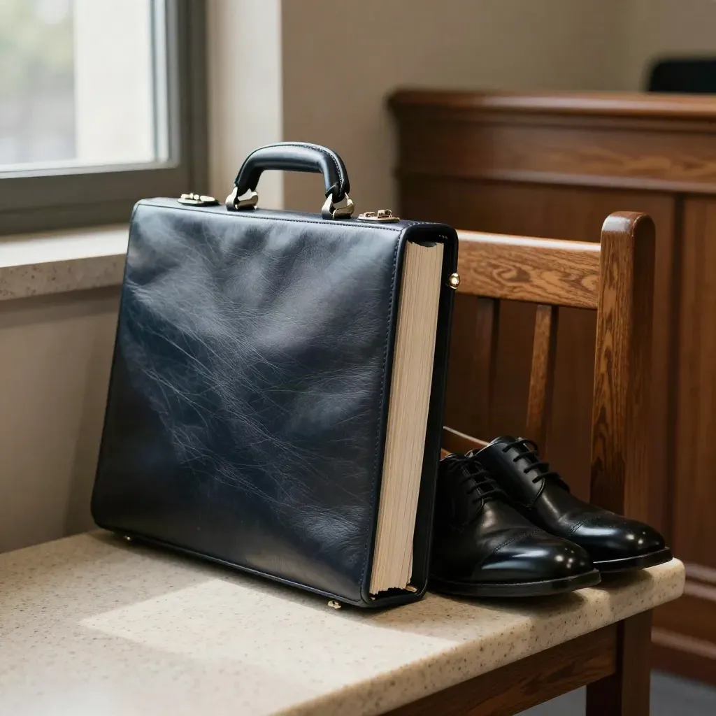 Koffer, map en nette schoenen naast een stoel, klaar voor de zitting in de ochtend.