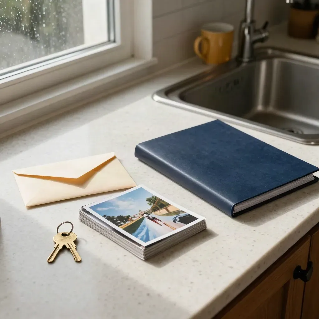 Huurzaak op keukentafel met sleutel, envelop, foto’s en navy map in warm daglicht.