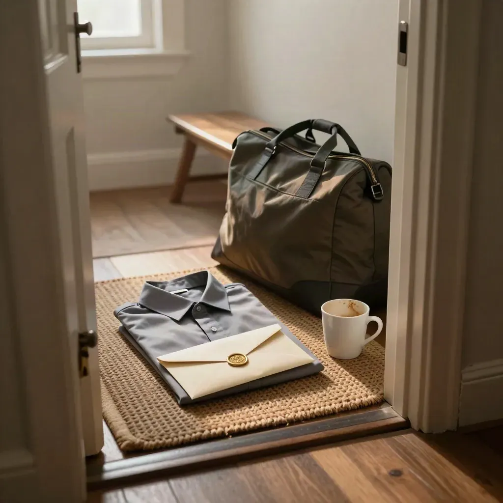 Bij de voordeur liggen een gevouwen werkshirt, verzegelde envelop, koffiekop en werktas in ochtendlucht.