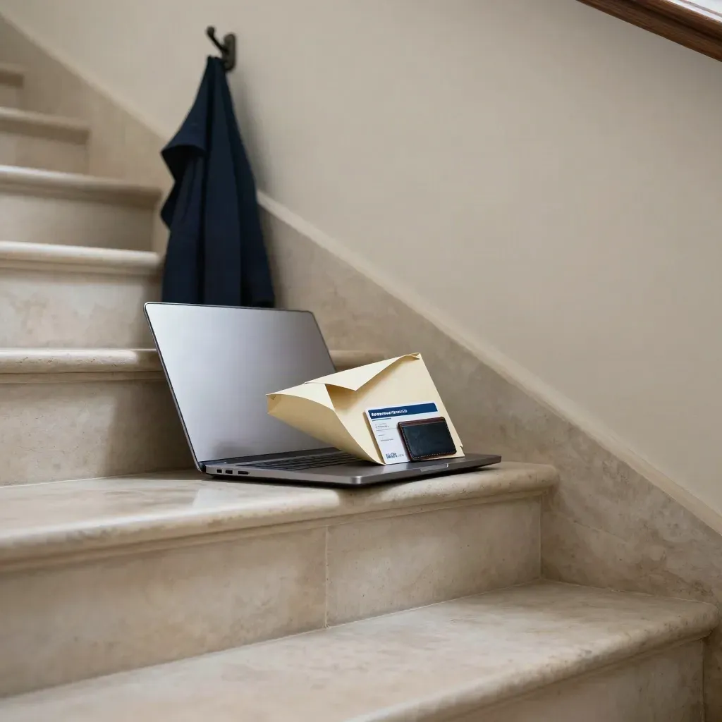 Ontslagbrief op traplanding naast laptop, jas-haak en OV-kaart in stil moment.