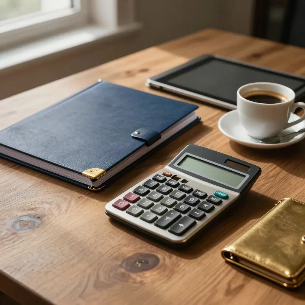Bureau van een zzp’er met rekenmachine, tablet, dossiermap en koffievlek in zacht daglicht.