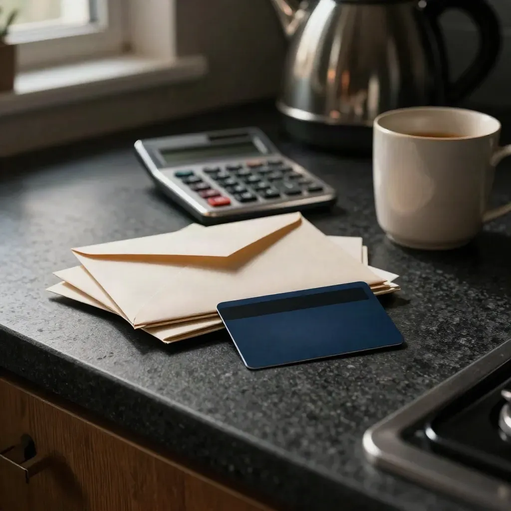 Donkere keuken met incasso-enveloppen, rekenmachine, bankkaart en mok onder warm lamplicht.