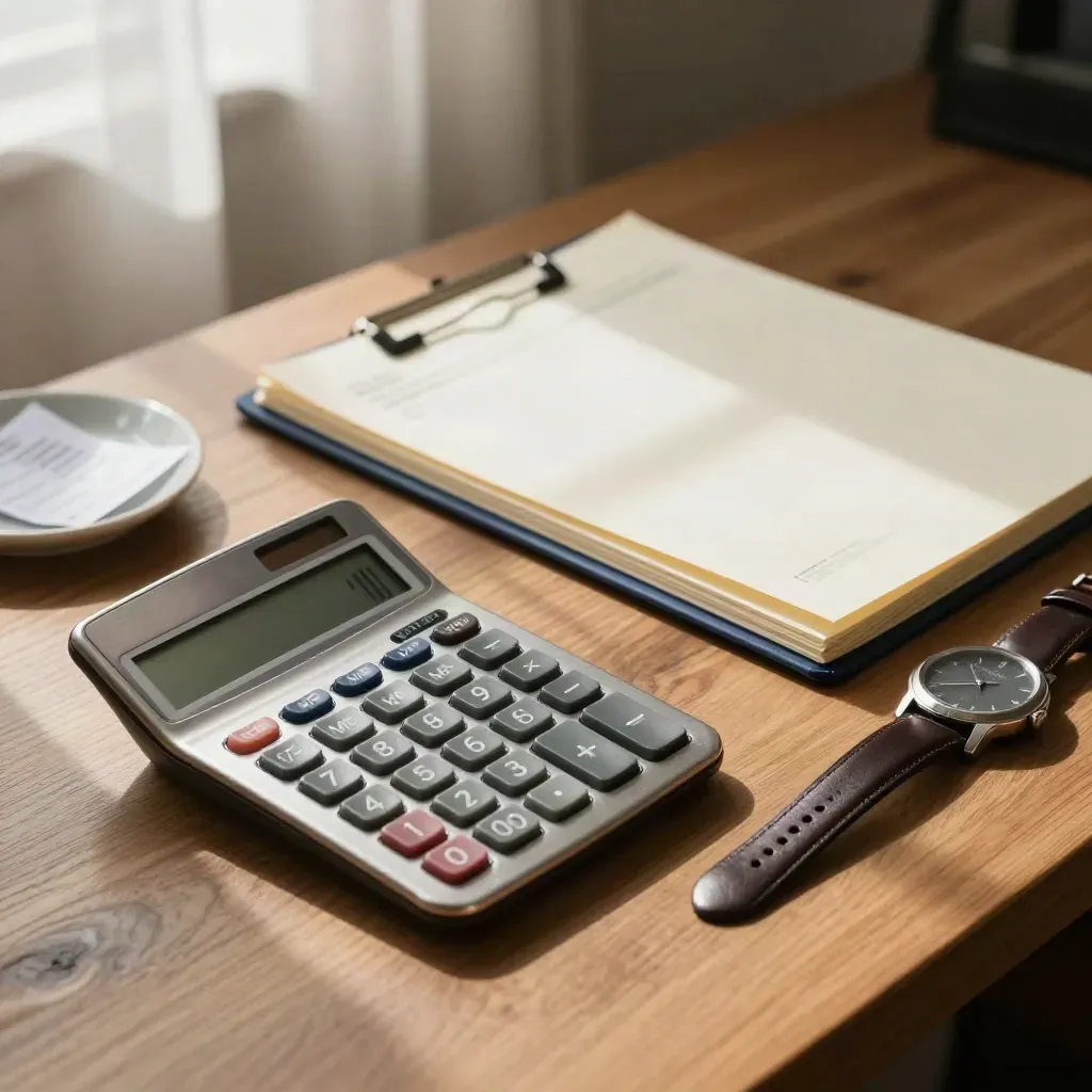 Brushed-metal rekenmachine, loonmap, donker horloge en schaaltje op een eiken bureau