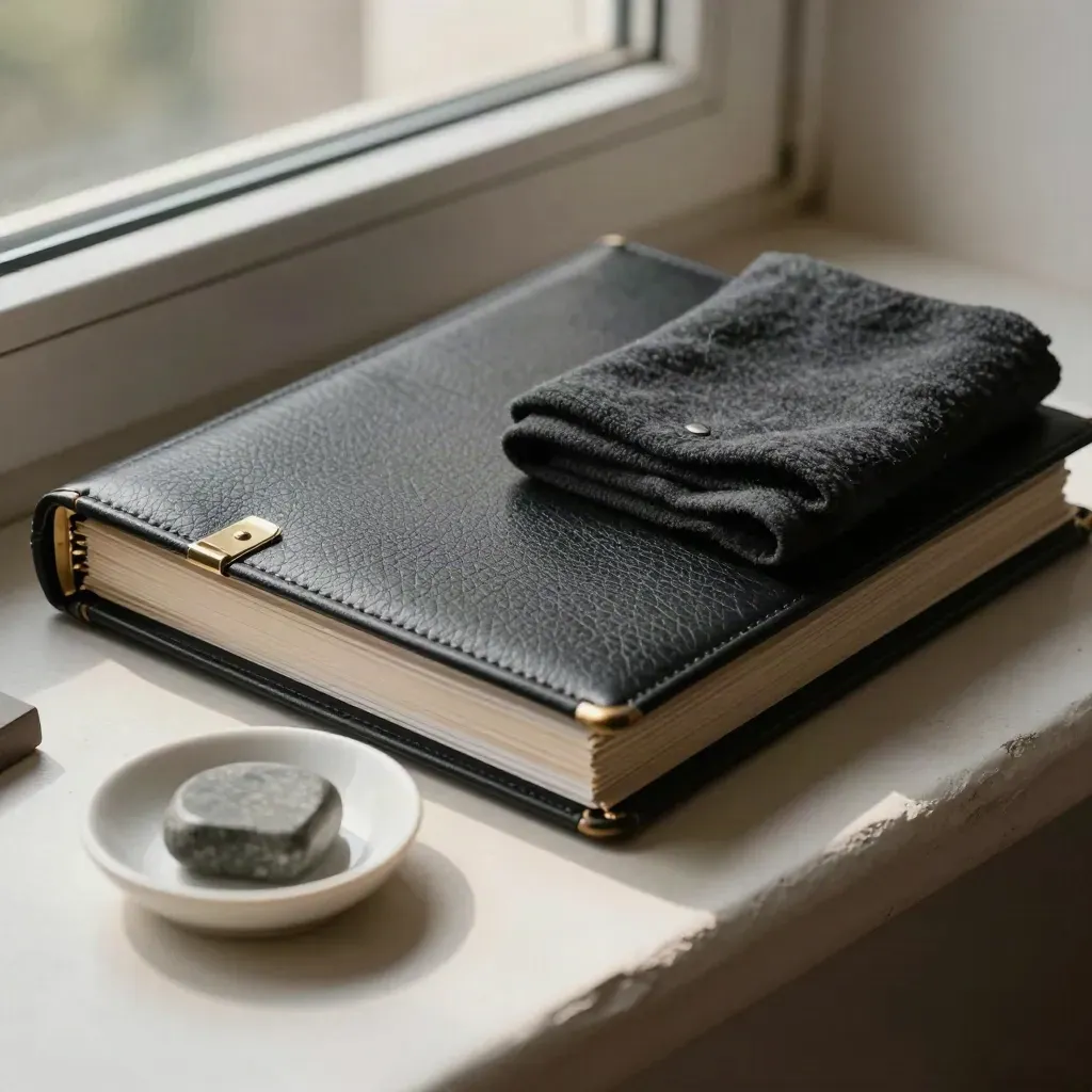 Zwart juridisch dossier met messing klem, doek, steen en schaal op een lichte vensterbank.