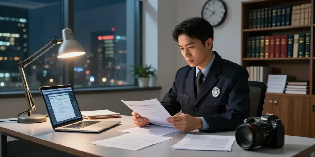 Investigation services at https://goodtam.com/services/ in a modern office setting with documents and digital evidence.