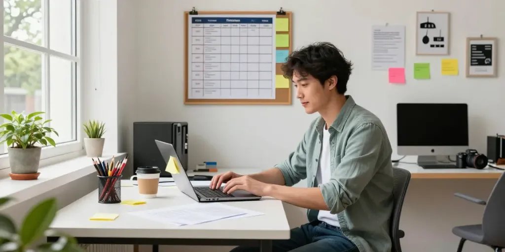 Productieve werkplek met gratis boekhoudprogramma zzp op laptop voor zzp'ers.